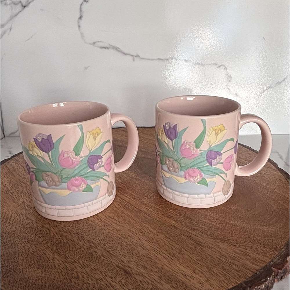 2~Vtg Otagiri Curtis-Swann Embossed Tulip Mugs Pink Japan Spring Flowers Cottage